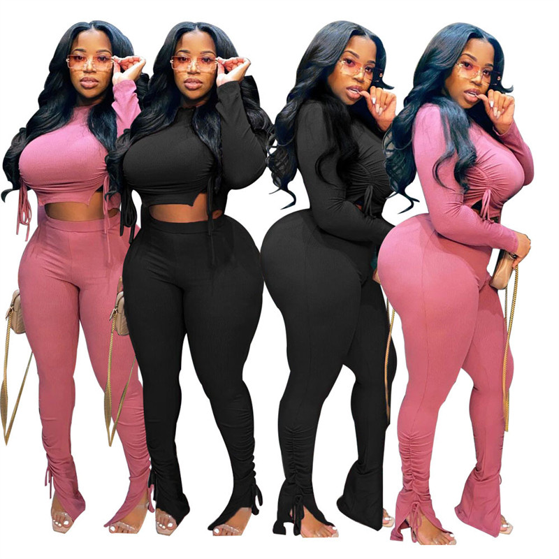 Σέξι γυναικεία ρούχα με ραβδώσεις μακρυμάνικο και παντελόνι σετ Bodycon Γυναικεία ρούχα 2 τεμαχίων Χονδρική Dropshipping