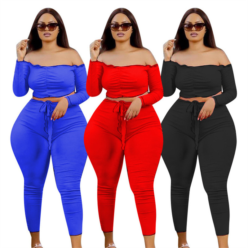 Suures suuruses naisterõivaste kaheosaline komplekt, sügisene seksikas komplekt, pikkade varrukatega õlavarrukatega topid ja pükste komplektid, hulgimüük