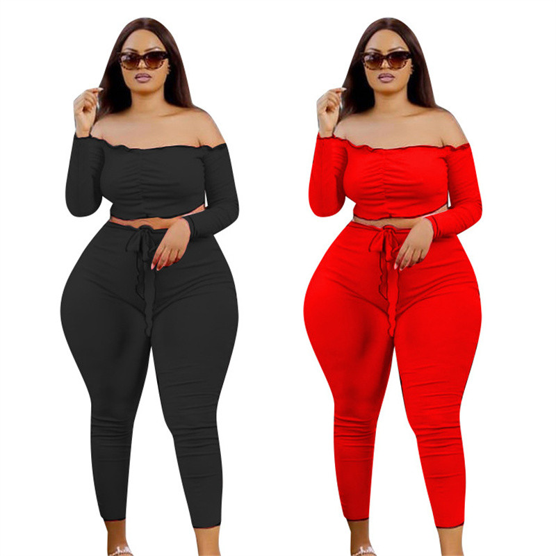 Suures suuruses naisterõivaste kaheosaline komplekt, sügisene seksikas komplekt, pikkade varrukatega õlavarrukatega topid ja pükste komplektid, hulgimüük