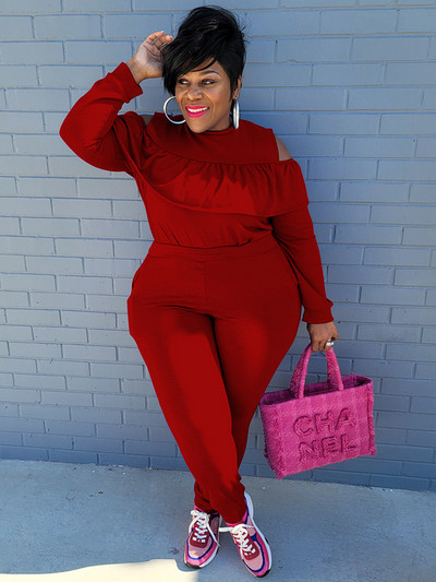 2 részes szettek Női ruhák, fodros gallérral vállfelső és nadrág szett Ingyenes kiszállítás