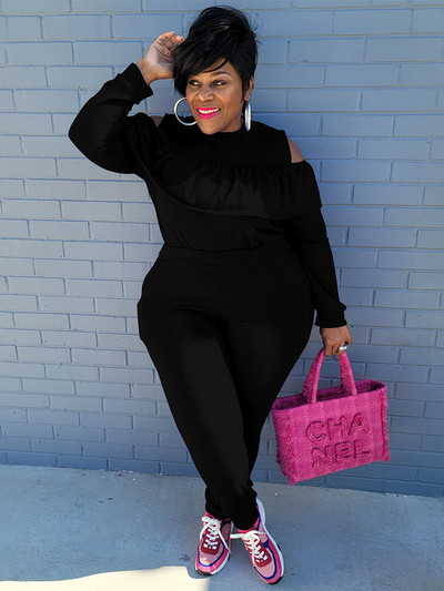 2 részes szettek Női ruhák, fodros gallérral vállfelső és nadrág szett Ingyenes kiszállítás