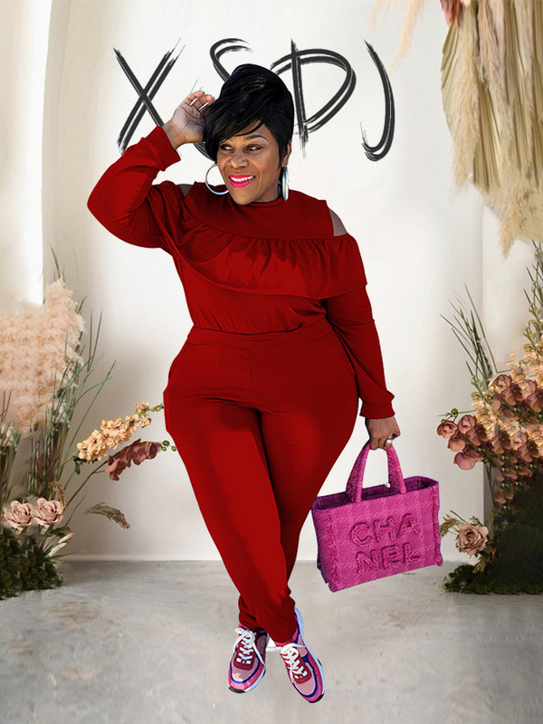 2 részes szettek Női ruhák, fodros gallérral vállfelső és nadrág szett Ingyenes kiszállítás