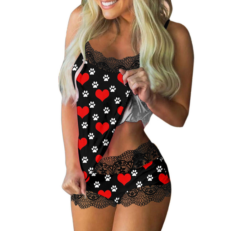 Set două piese Pantaloni scurti de pijama pentru damă Costum Love Heart Print Lenjerie de corp Pijama Lenjerie sexy Camouri Tancuri Îmbrăcăminte de noapte pentru acasă