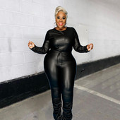 Γυναικεία Φθινοπωρινά Ρούχα Φθινοπωρινά Γυναικεία Αθλητικά Σετ 2 τεμαχίων Μαύρη στολή Δερμάτινη μακρυμάνικη μπλούζα και παντελόνι Dropshipping Χονδρική