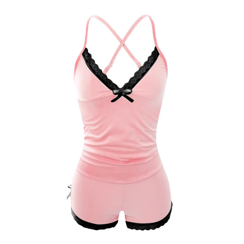 Дамски пижамен комплект с дантелена тапицерия Секси пижама с дълбоко V деколте и каишка с презрамка Къс комплект Пижама Костюм Спално бельо Комплект нощници Пижами