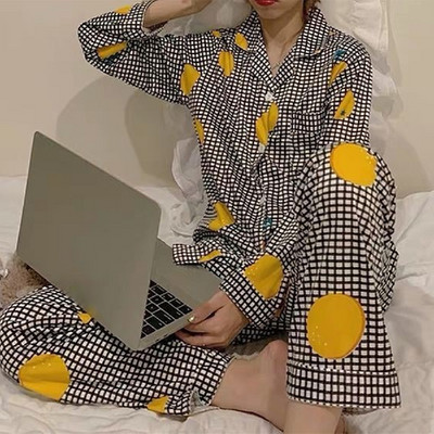 Γυναικείο δίχτυ ανοιξιάτικο και φθινοπωρινό σετ καρό πιτζάμες με κόκκινα στάμπα μακρυμάνικο παντελόνι πέτο 2 τεμαχίων casual πιτζάμες για το σπίτι