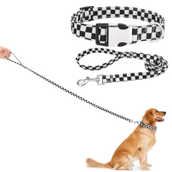 Геометричен кариран комплект нашийник и каишки за домашни любимци, нашийник за кучета от мека полиетиленова памучна тъкан с D пръстен за малки, средно големи кучета или котки