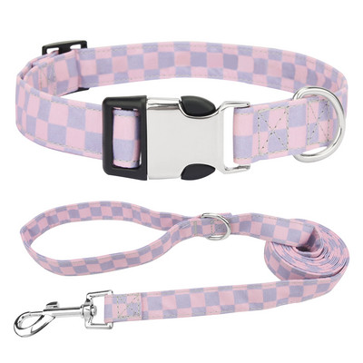 Set guler și lese pentru animale de companie în carouri geometrice, guler pentru câini din material polibumbac moale cu inel în D pentru câini sau pisici mici, mijlocii mari