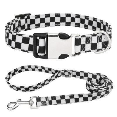 Set guler și lese pentru animale de companie în carouri geometrice, guler pentru câini din material polibumbac moale cu inel în D pentru câini sau pisici mici, mijlocii mari