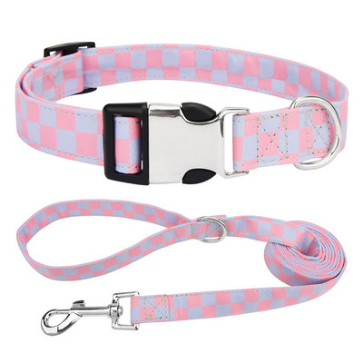 Set guler și lese pentru animale de companie în carouri geometrice, guler pentru câini din material polibumbac moale cu inel în D pentru câini sau pisici mici, mijlocii mari