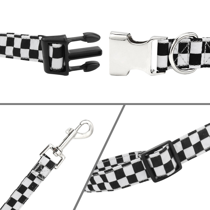 Set guler și lese pentru animale de companie în carouri geometrice, guler pentru câini din material polibumbac moale cu inel în D pentru câini sau pisici mici, mijlocii mari