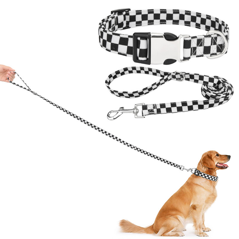 Set guler și lese pentru animale de companie în carouri geometrice, guler pentru câini din material polibumbac moale cu inel în D pentru câini sau pisici mici, mijlocii mari