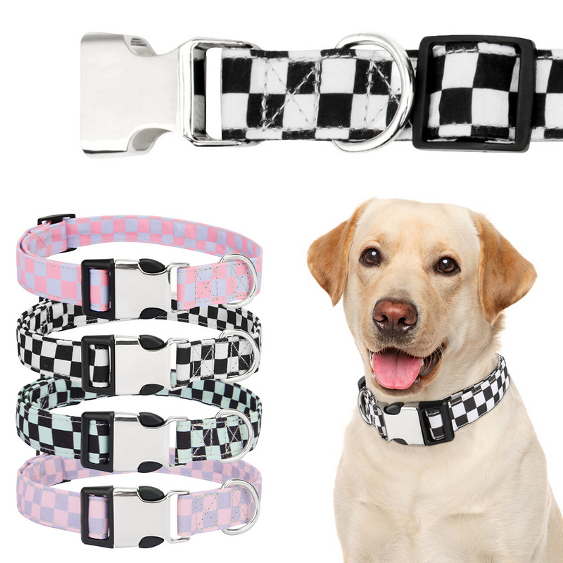 Set guler și lese pentru animale de companie în carouri geometrice, guler pentru câini din material polibumbac moale cu inel în D pentru câini sau pisici mici, mijlocii mari