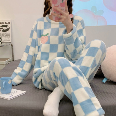 Γυναικείο Σετ Πυτζάμες Χειμερινό Fleece Μακρυμάνικο Μόδα Ζεστό Casual Ζακέτα Coral Fleece Strawberry Μαλακά ρούχα για το σπίτι