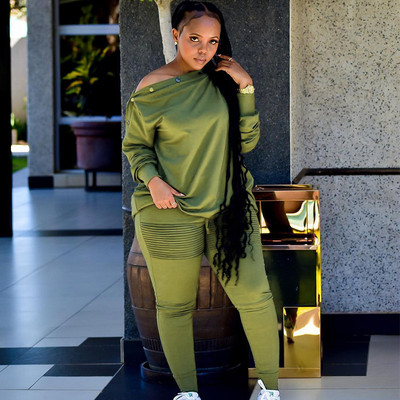 Σετ δύο τεμαχίων συν μεγεθών με μακριά μανίκια με ανοιχτό ώμο Τοπ γυναικείο παντελόνι Κοστούμι ρούχα Streetwear casual σετ Χονδρική Dropshipping