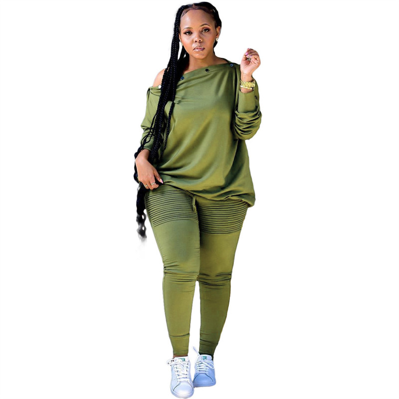 Σετ δύο τεμαχίων συν μεγεθών με μακριά μανίκια με ανοιχτό ώμο Τοπ γυναικείο παντελόνι Κοστούμι ρούχα Streetwear casual σετ Χονδρική Dropshipping