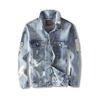 Streetwear Μόδα Ανδρικά Μπουφάν Ρετρό Μπλε Flash Patch Σχεδιαστής με σκισμένο τζιν μπουφάν Ανδρικά παλτό Κέντημα Hip Hop Chaquetas Hombre