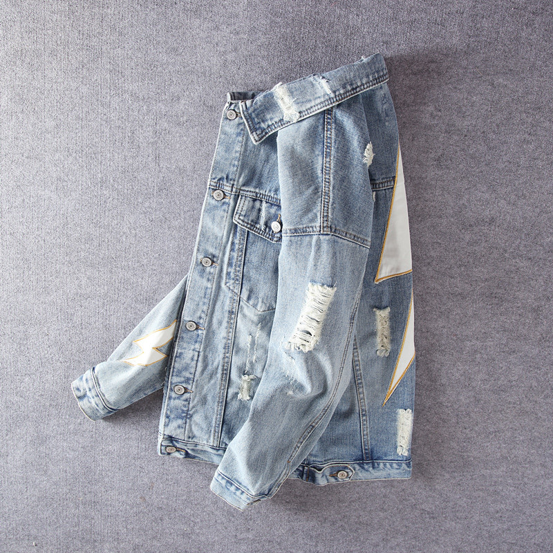 Streetwear Μόδα Ανδρικά Μπουφάν Ρετρό Μπλε Flash Patch Σχεδιαστής με σκισμένο τζιν μπουφάν Ανδρικά παλτό Κέντημα Hip Hop Chaquetas Hombre