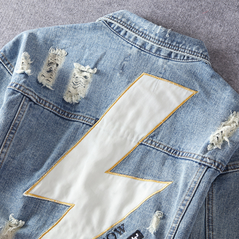 Streetwear Μόδα Ανδρικά Μπουφάν Ρετρό Μπλε Flash Patch Σχεδιαστής με σκισμένο τζιν μπουφάν Ανδρικά παλτό Κέντημα Hip Hop Chaquetas Hombre