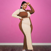 Set 2 bucăți de mărime plus mare Set de fuste pentru femei Top de tricotat cu mânecă lungă și rochie midi Bodycon ținută sexy casual, Dropshipping cu ridicata