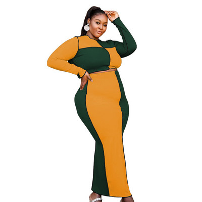 Set 2 bucăți de mărime plus mare Set de fuste pentru femei Top de tricotat cu mânecă lungă și rochie midi Bodycon ținută sexy casual, Dropshipping cu ridicata