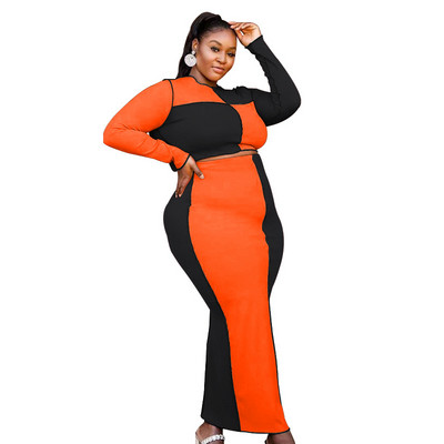 Set 2 bucăți de mărime plus mare Set de fuste pentru femei Top de tricotat cu mânecă lungă și rochie midi Bodycon ținută sexy casual, Dropshipping cu ridicata