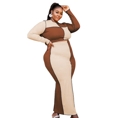 Set 2 bucăți de mărime plus mare Set de fuste pentru femei Top de tricotat cu mânecă lungă și rochie midi Bodycon ținută sexy casual, Dropshipping cu ridicata