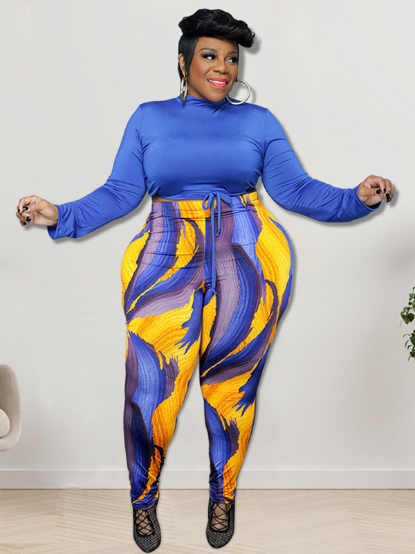 Set de femeie sexy Top cu mâneci albastru regal Seturi de două piese de mărime Plus ținute pentru femei Costume cu pantaloni strâmți Vânzare cu ridicata Dropshipping