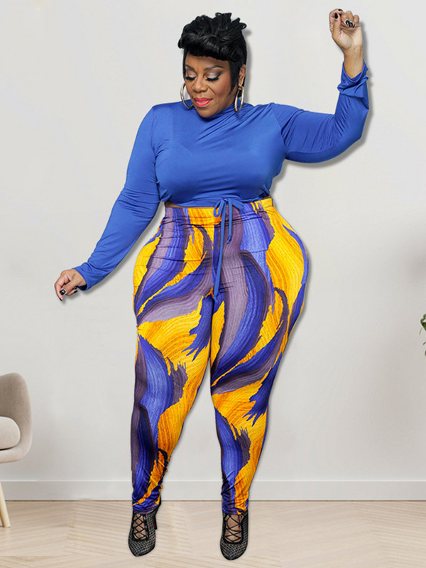 Set de femeie sexy Top cu mâneci albastru regal Seturi de două piese de mărime Plus ținute pentru femei Costume cu pantaloni strâmți Vânzare cu ridicata Dropshipping