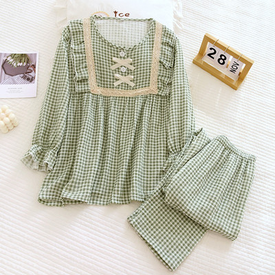 2023 Νέο ανοιξιάτικο και φθινόπωρο γυναικείο σετ πιτζάμες 100% βαμβακερό κρεπ πουλόβερ μακρυμάνικο παντελόνι δύο τεμαχίων φαρδιά φλοράλ επίπλωση σπιτιού