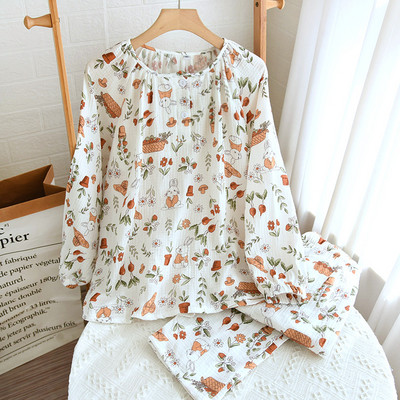 2023 Νέο ανοιξιάτικο και φθινόπωρο γυναικείο σετ πιτζάμες 100% βαμβακερό κρεπ πουλόβερ μακρυμάνικο παντελόνι δύο τεμαχίων φαρδιά φλοράλ επίπλωση σπιτιού