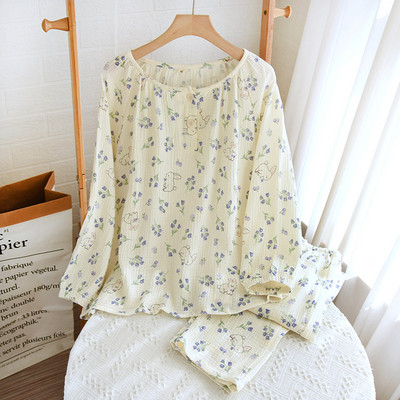 2023 Νέο ανοιξιάτικο και φθινόπωρο γυναικείο σετ πιτζάμες 100% βαμβακερό κρεπ πουλόβερ μακρυμάνικο παντελόνι δύο τεμαχίων φαρδιά φλοράλ επίπλωση σπιτιού