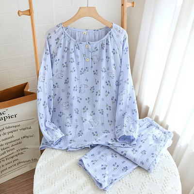 2023 Νέο ανοιξιάτικο και φθινόπωρο γυναικείο σετ πιτζάμες 100% βαμβακερό κρεπ πουλόβερ μακρυμάνικο παντελόνι δύο τεμαχίων φαρδιά φλοράλ επίπλωση σπιτιού