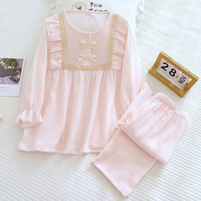 2023 Νέο ανοιξιάτικο και φθινόπωρο γυναικείο σετ πιτζάμες 100% βαμβακερό κρεπ πουλόβερ μακρυμάνικο παντελόνι δύο τεμαχίων φαρδιά φλοράλ επίπλωση σπιτιού