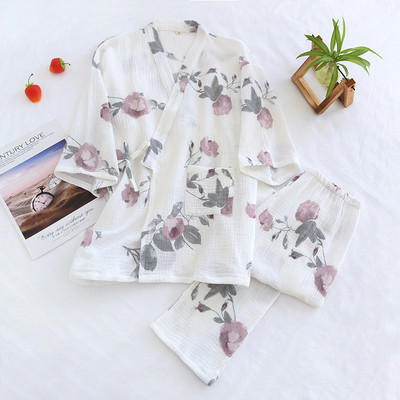 Nou costum kimono japonez de primăvară, vară, pentru femei, flori dulci, pijama creponată 100% bumbac, pantaloni cu mânecă lungă, îmbrăcăminte pentru casă în două piese