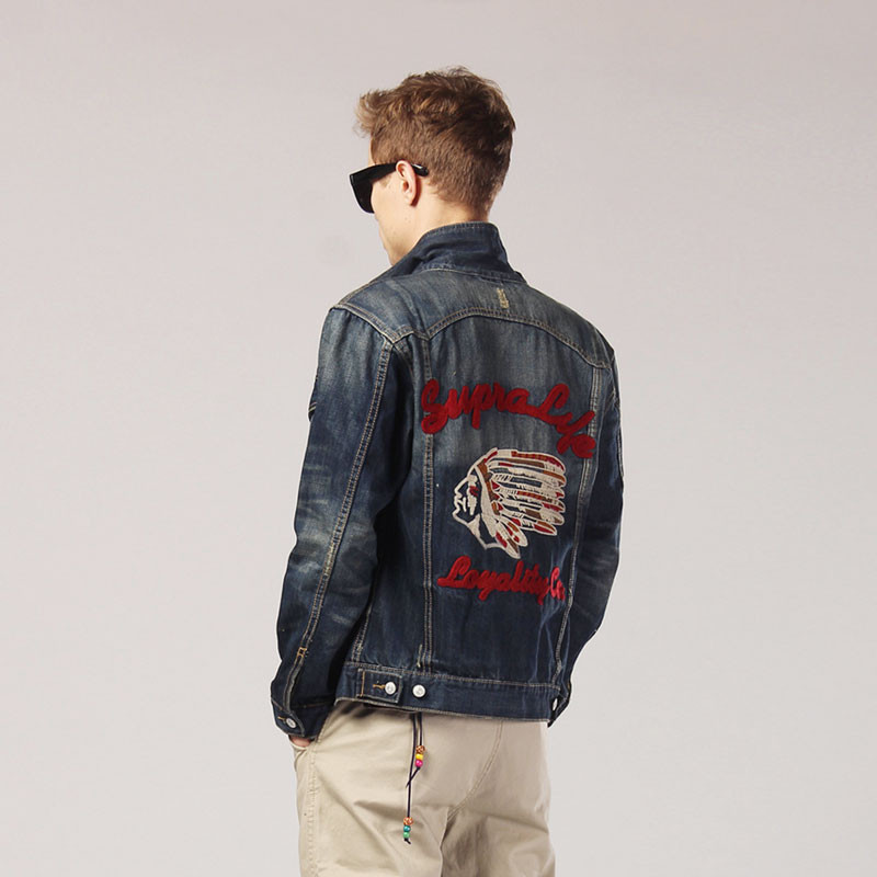 Streetwear Fashion Ανδρικό Μπουφάν Ρετρό Μπλε Ινδικό Chief Ebroidery Patch Designer Τζιν Μπουφάν Ανδρικά Παλτό Vintage Chaquetas Hombre