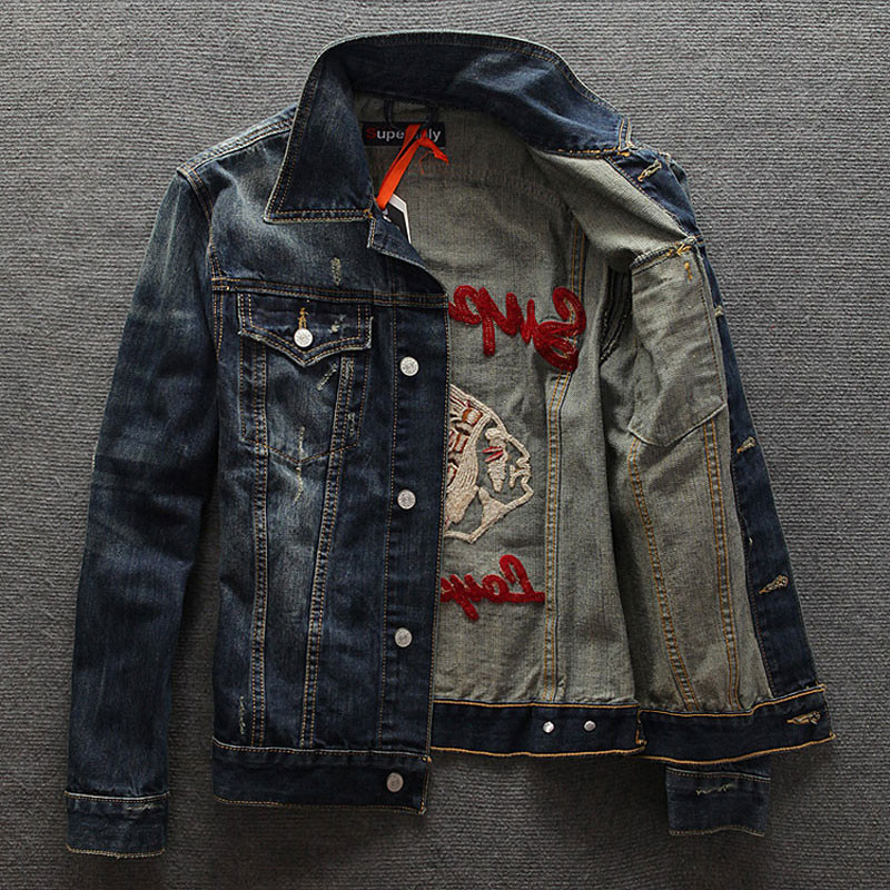 Streetwear Fashion Ανδρικό Μπουφάν Ρετρό Μπλε Ινδικό Chief Ebroidery Patch Designer Τζιν Μπουφάν Ανδρικά Παλτό Vintage Chaquetas Hombre