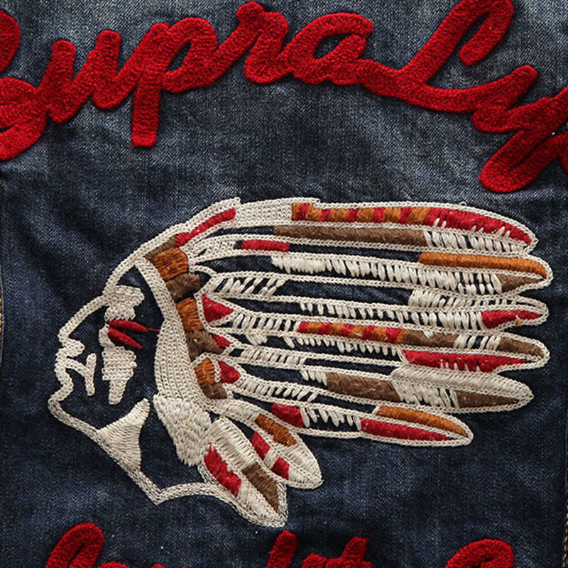 Streetwear Fashion Ανδρικό Μπουφάν Ρετρό Μπλε Ινδικό Chief Ebroidery Patch Designer Τζιν Μπουφάν Ανδρικά Παλτό Vintage Chaquetas Hombre