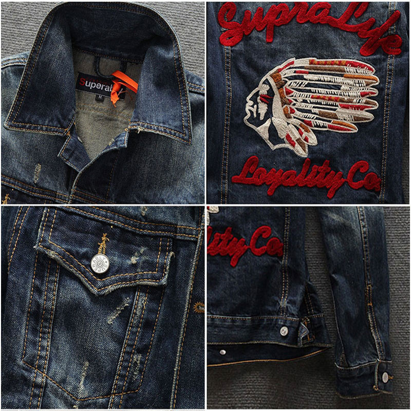 Streetwear Fashion Ανδρικό Μπουφάν Ρετρό Μπλε Ινδικό Chief Ebroidery Patch Designer Τζιν Μπουφάν Ανδρικά Παλτό Vintage Chaquetas Hombre