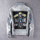 Pánska bunda Streetwear Fashion Retro sivo-modré záplaty Dizajnérska roztrhaná džínsová bunda Pánska lebka Potlačená Hip Hop Chaquetas Hombre