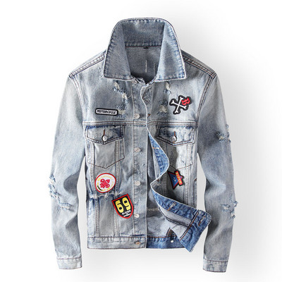 Pánska bunda Streetwear Fashion Retro sivo-modré záplaty Dizajnérska roztrhaná džínsová bunda Pánska lebka Potlačená Hip Hop Chaquetas Hombre