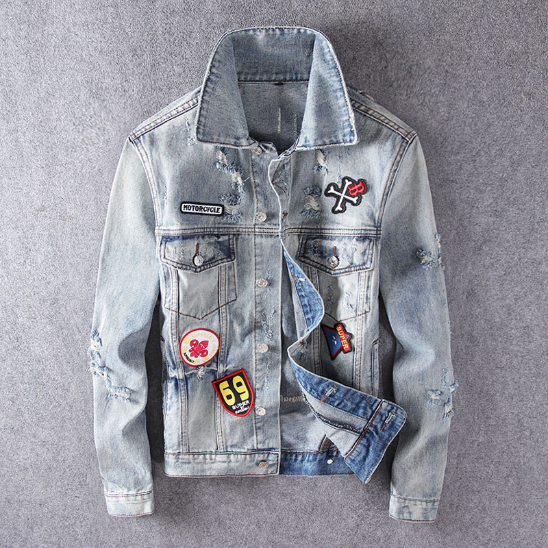 Pánska bunda Streetwear Fashion Retro sivo-modré záplaty Dizajnérska roztrhaná džínsová bunda Pánska lebka Potlačená Hip Hop Chaquetas Hombre