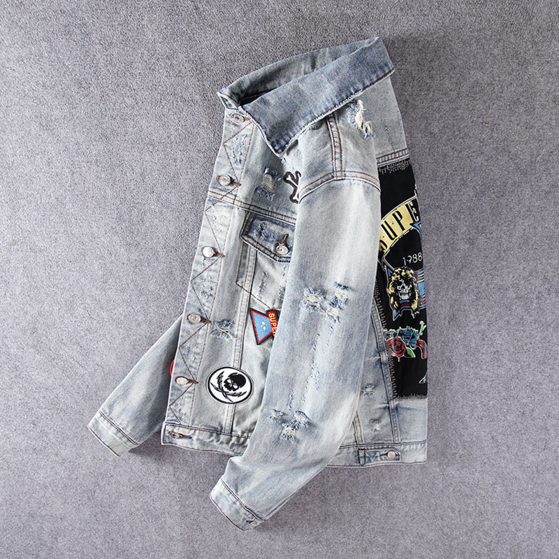 Pánska bunda Streetwear Fashion Retro sivo-modré záplaty Dizajnérska roztrhaná džínsová bunda Pánska lebka Potlačená Hip Hop Chaquetas Hombre
