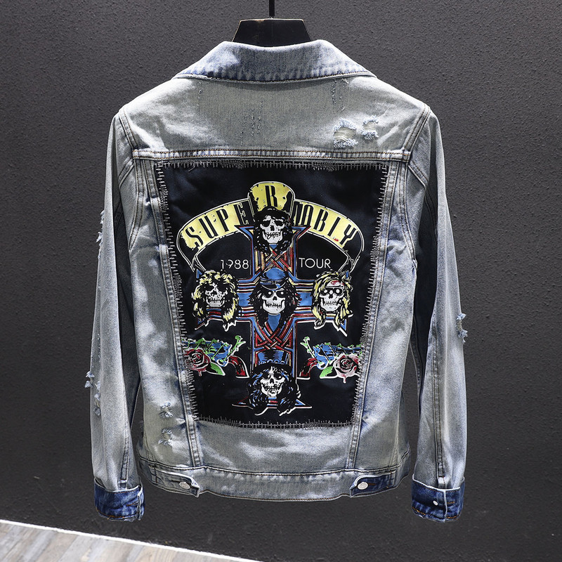 Pánska bunda Streetwear Fashion Retro sivo-modré záplaty Dizajnérska roztrhaná džínsová bunda Pánska lebka Potlačená Hip Hop Chaquetas Hombre