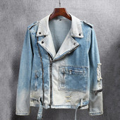 American Street Fashion Blugi pentru bărbați, retro, albastru, îmbinați, de designer, jachetă de motociclist ruptă, haine de blugi pentru bărbați, jachete hip hop pentru bărbați