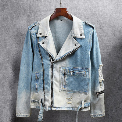 American Street Fashion Blugi pentru bărbați, retro, albastru, îmbinați, de designer, jachetă de motociclist ruptă, haine de blugi pentru bărbați, jachete hip hop pentru bărbați