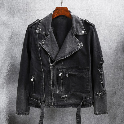 American Street Fashion Blugi pentru bărbați, retro, albastru, îmbinați, de designer, jachetă de motociclist ruptă, haine de blugi pentru bărbați, jachete hip hop pentru bărbați