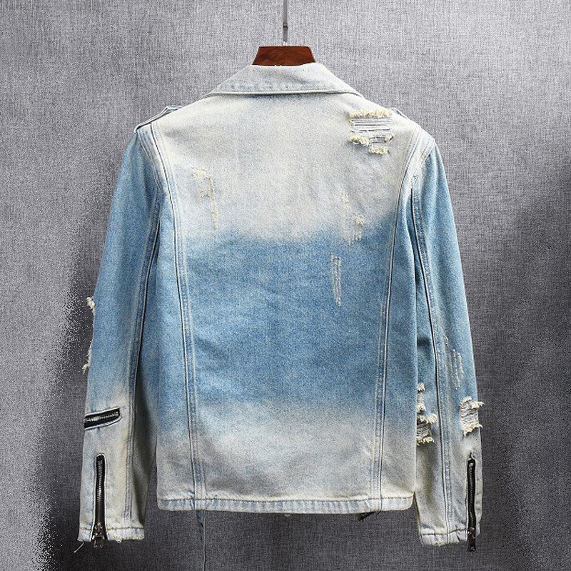 American Street Fashion Blugi pentru bărbați, retro, albastru, îmbinați, de designer, jachetă de motociclist ruptă, haine de blugi pentru bărbați, jachete hip hop pentru bărbați