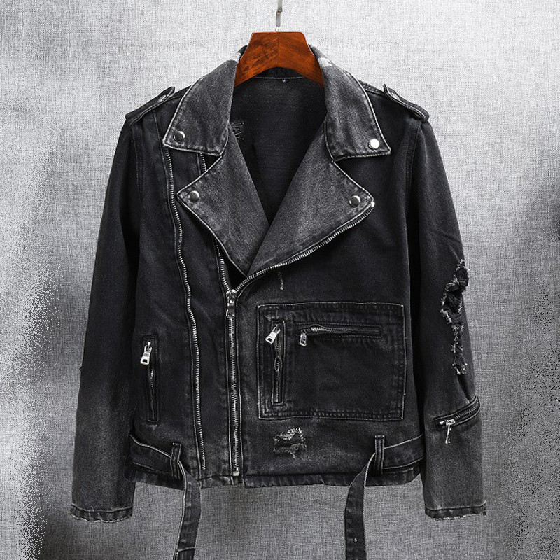 American Street Fashion Blugi pentru bărbați, retro, albastru, îmbinați, de designer, jachetă de motociclist ruptă, haine de blugi pentru bărbați, jachete hip hop pentru bărbați