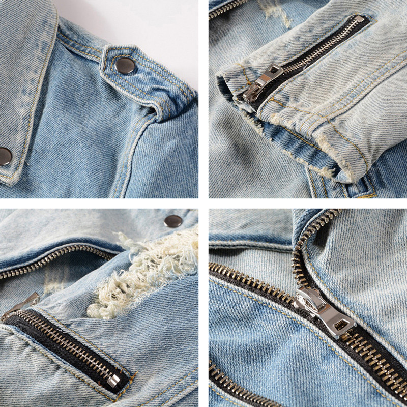 American Street Fashion Blugi pentru bărbați, retro, albastru, îmbinați, de designer, jachetă de motociclist ruptă, haine de blugi pentru bărbați, jachete hip hop pentru bărbați